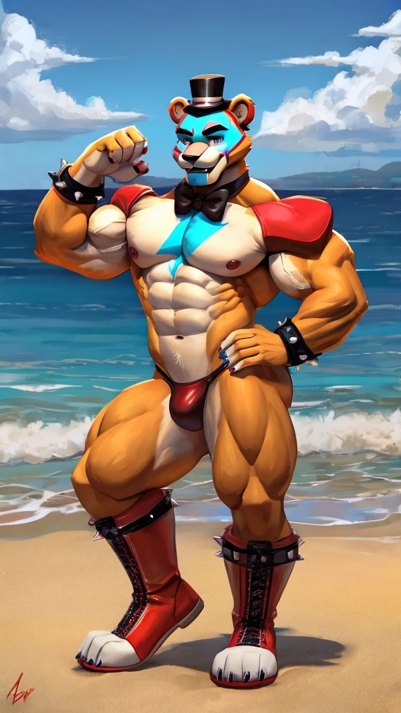 Muscular anthropomorphic male glamrock Freddy wearing a thong on the beach posing showing off his muscles lowering her thong a little