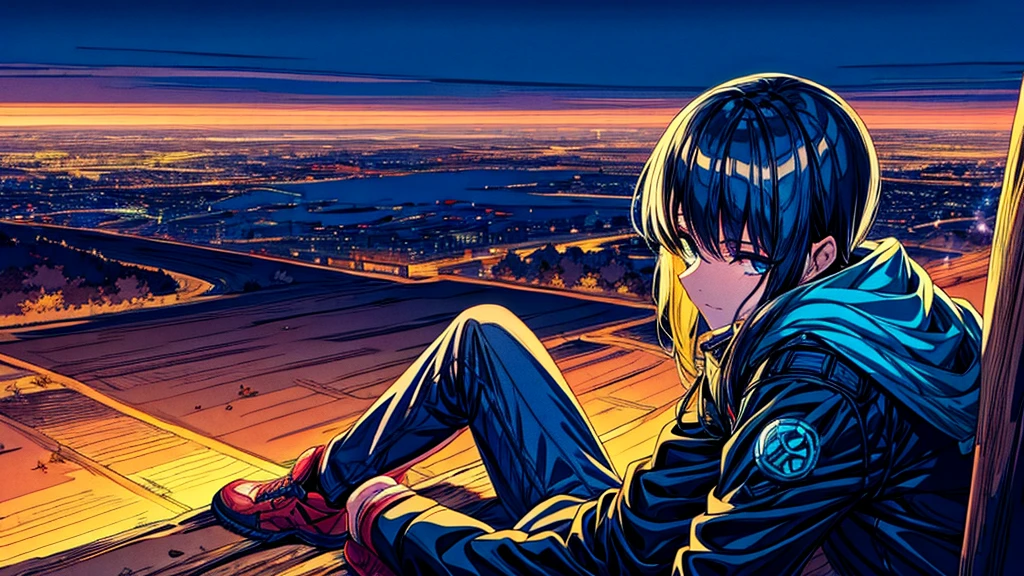 Guts sitting, alone, resting under a tree in a high-altitude field, looking at the view of the cyberpunk city at night.