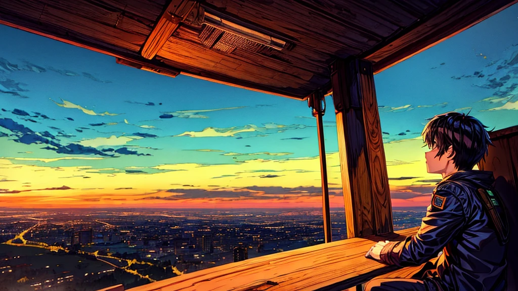 Guts sitting, alone, resting under a tree in a high-altitude field, looking at the view of the cyberpunk city at night.