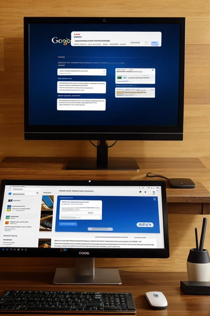 The image shows a computer monitor and keyboard setup on a wooden desk. The monitor displays a Google search results page for "dosa hd picture." There are various images of dosas shown on the screen. An application error message is visible in the center of the screen, indicating that the application has encountered a problem and needs to close. Additionally, there is a prompt to "Restore pages?" from a previous session at the top right corner of the screen. The monitor and keyboard are branded