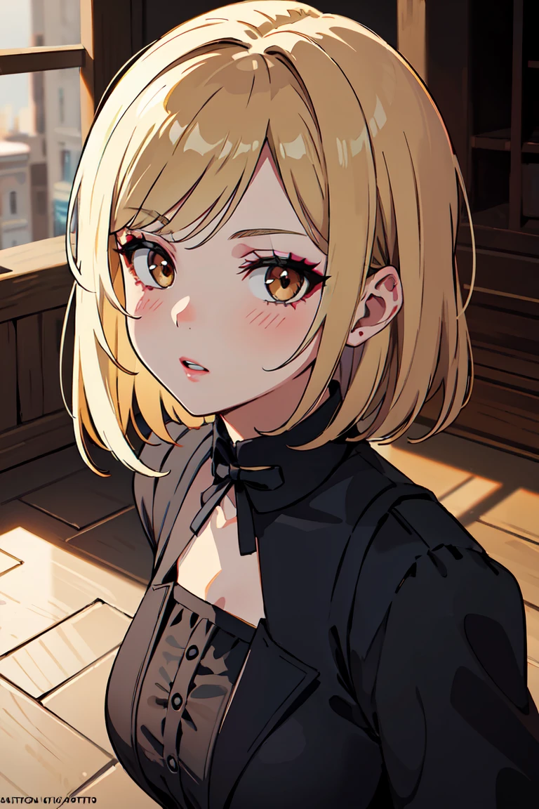 masterpiece, best quality, highly detailed background, perfect lighting, best quality, (extremely detailed face), volumetric lighting, intricate details, shadow, tonemapping, sharp focus, hyper detailed, trending on Artstation, (solo) ((Looking at the viewer)) .Girl with short blond hair. Brown eyes. curvy. Blush, Clear skin. Big bust.((Gothic dressed)). Gothic shoes. ((Gothic makeup)) Dynamic pose ((L