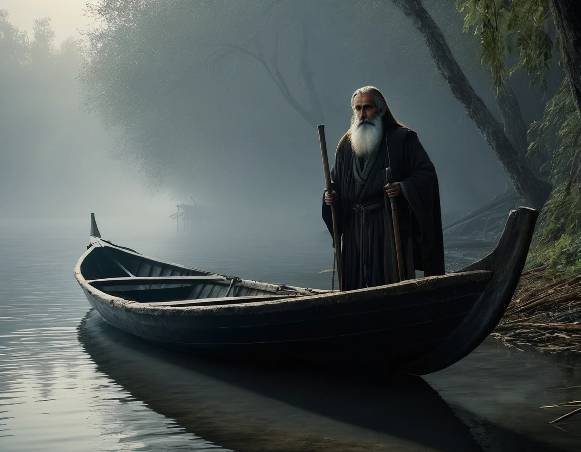 (((super realistic, lots of details, masterpiece))), In the image, created in a neural network, (((Charon, old withered boatman with a long beard, standing in his boat, which seems ancient and worn. His eyes express wisdom and sadness, and your hands confidently hold the oars))). A man with an exposed hummock is sitting in a boat, Shrouded in mystery. The environment depicts the dark and mysterious world of the kingdom of the dead. River, on which the boat floats, flows slowly and silently, as if driven by fate itself. A foggy morning creates an atmosphere of mystery and sadness. The shore is visible in the distance, covered with gloomy trees and rocks, symbolizing the gates of the kingdom of the dead. The river water reflects the pale luminary, giving the picture a certain supernatural tone. Silence and tranquility reign in this world, filled with secrets and riddles.
