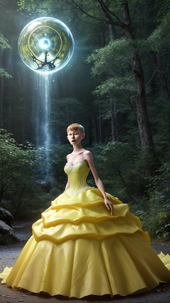 unreal engine octane render, ultra realistic photo in fairytale elven beautiful forest, closely view, (((((caucasian  boy, (male boyish head|male boyish shocked face:1.3), fear, scream a loud, short buzz cut boyish hair))))) as woman hourglass figure feminine slender body, fairy adult princess  body, hourglass feminine slender body ((tightly wrapped corset, (thin waist|slim waist:1.4))), ((huge breasts, cleavage:1.4 wide rounded hips)), (narrow shoulders|weak feminine body:1.3), (running on forest path), (enclosed in (bright yellow satin shine reflecting petticoat adult princess yellow wedding ball gown, lace bustier, glossing (dolly ball gown), glitter sparcles on yellow satin hoop crinoline voluminous petticoat princess satin sheen (bridal ball gown))), (graceful thin long neck), cinematic lighting, unreal engine octane render, (8k ultra high definition image:1.7), (Imax dolby digital movie:1.7), masterpiece