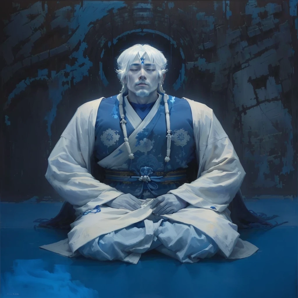 painting of a man in a white robe sitting on a blue surface, daoist, mystical oil on linen, ancient japanese monk, inspired by Kaigetsudō Anchi, inspired by Kaigetsudō Ando, yanjun chengt, portrait of monk, white haired deity, a cyborg meditating, monk meditate, zen méditation cyberpunk