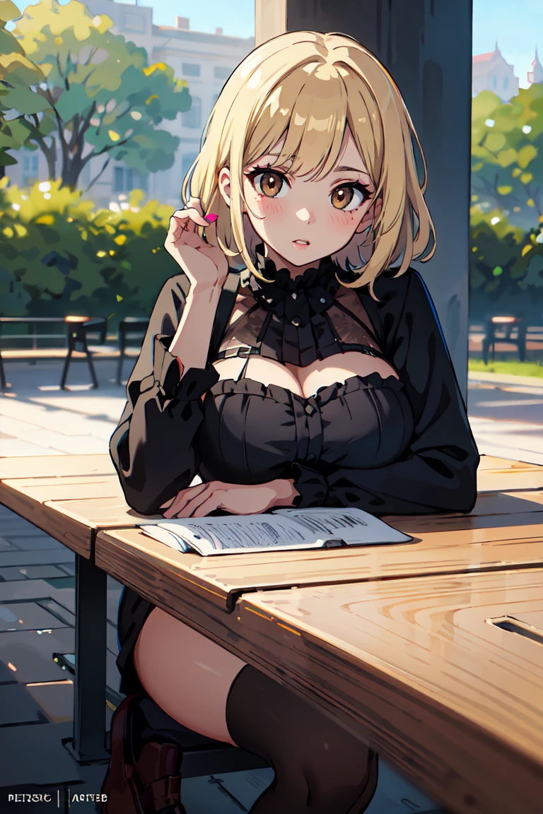 masterpiece, best quality, highly detailed background, perfect lighting, best quality, (extremely detailed face), volumetric lighting, intricate details, shadow, tonemapping, sharp focus, hyper detailed, trending on Artstation, (solo) ((Looking at the viewer)) .Girl with short blond hair. Brown eyes. curvy. Blush, Clear skin. Big bust.((Gothic dressed)). Gothic shoes. ((Gothic makeup)) Dynamic pose ((Sitting in the park reading))