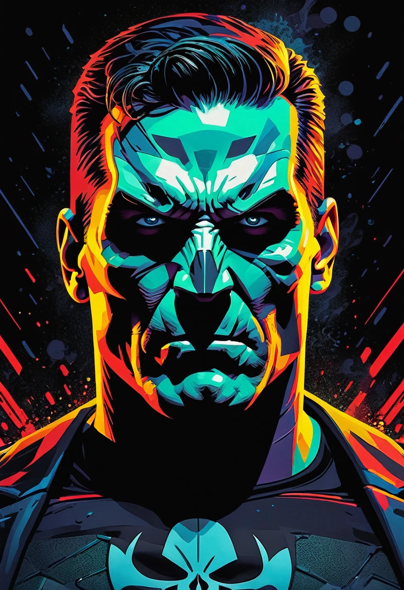 A brooding vigilante, embodying elements of Pop Art, and Cubism styles, exudes a grunge undertone in a movie poster aesthetic. Vibrant tetradic colors pop against a black light spot, creating a high-octane energy. This captivating image captures the Punisher in a dynamic and edgy manner, blending different art styles seamlessly. The details in the artwork are exquisite, showcasing the character's intense nature and complexity. The high quality of the image is undeniable, drawing viewers into the intense world of the Punisher. Sinister atmosphere. Full body.