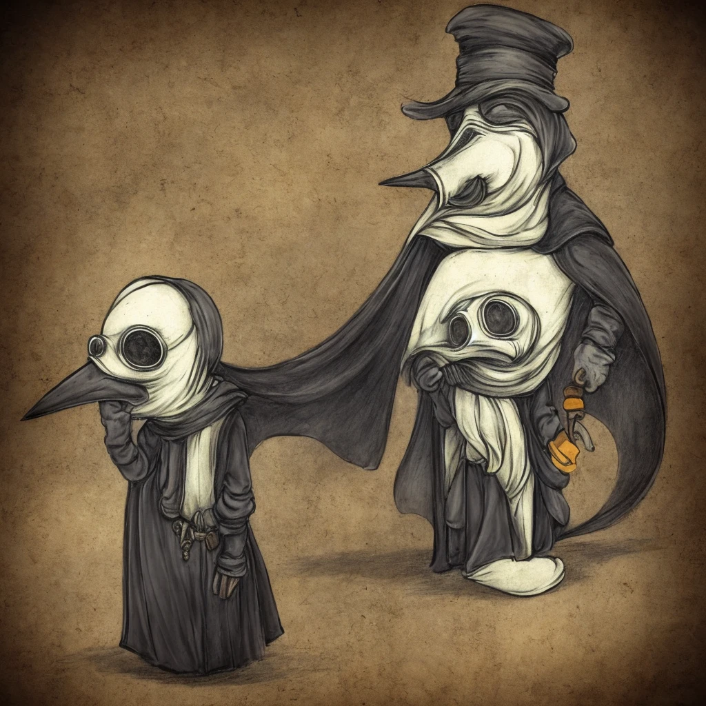 plague doctor, happy face, mask on face, small sized, cute, looking like cartoon, alone, dark , scary, looking at viewer
