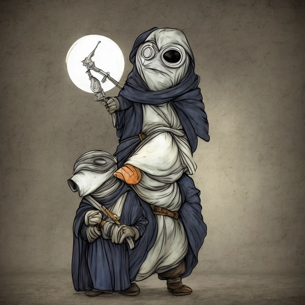 plague doctor, happy face, mask on face, small sized, cute, looking like cartoon, alone, dark , scary, looking at viewer