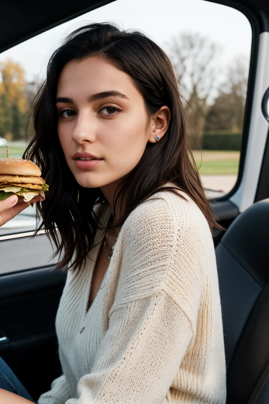 instagram photos, 21 year old French woman, shorth hair, black hair, Close-up portrait, pullover, Decollete, blass, hard shadows, sitting in the car, eats a burger