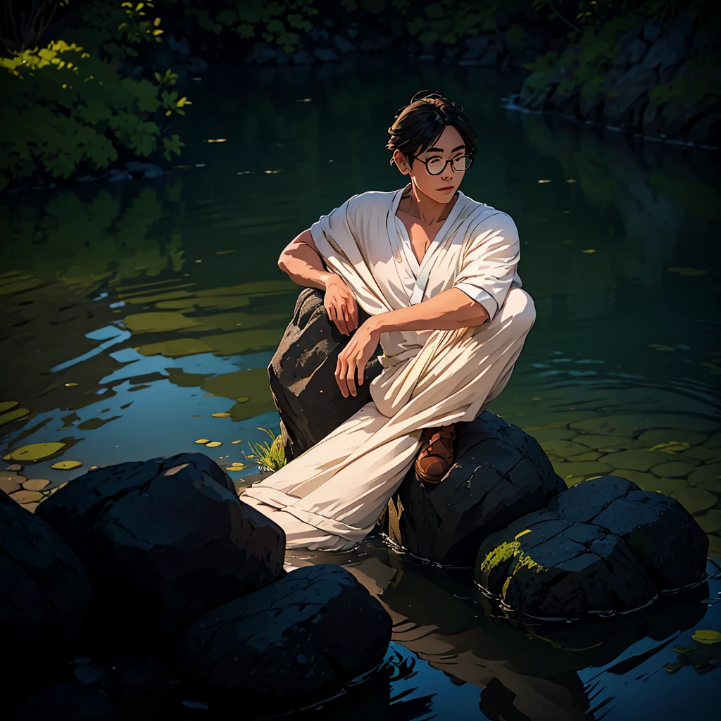 Create a high-quality anime-style image featuring an man standing on a rocky cliff by the sea. The man has white hair, a beard, and is wearing round glasses. He is dressed in a white shirt, beige pants rolled up at the ankles, and white sneakers. His posture is relaxed, with his hands in his pockets, gazing thoughtfully into the distance.
The background consists of a clear blue sky filled with fluffy, white clouds. Below the cliff, there is a calm sea with boats and a small coastal village nestled at the foot of green, mountainous terrain. The scene captures a peaceful, reflective moment, with vibrant colors and detailed shading to emphasize the tranquil and contemplative atmosphere.