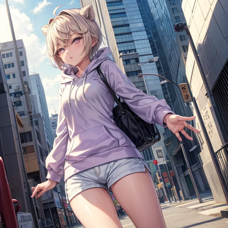 Anime Girl, White short hair, Purple Eyes, hoodie, personal, ribbon, vtuber, Street style