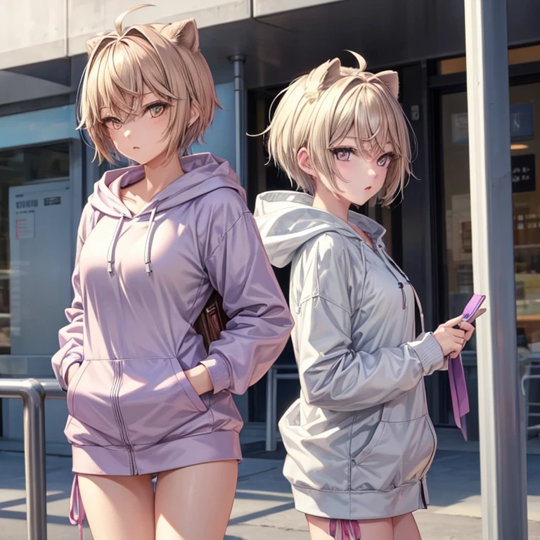 Anime Girl, White short hair, Purple Eyes, hoodie, personal, ribbon, vtuber, Street style