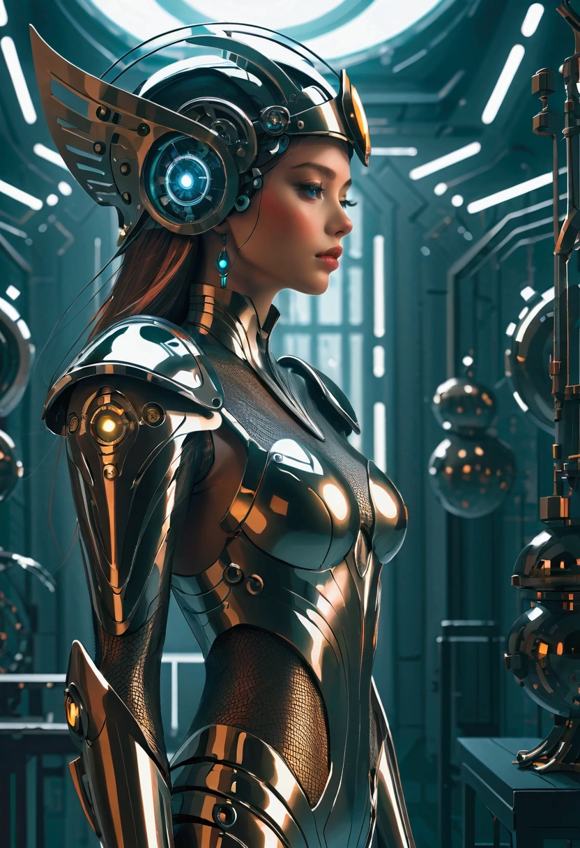 Woman in futuristic suit in room full of metal objects，Mesh headdress, Mechanical Elf, Luxury, Shoulders visible