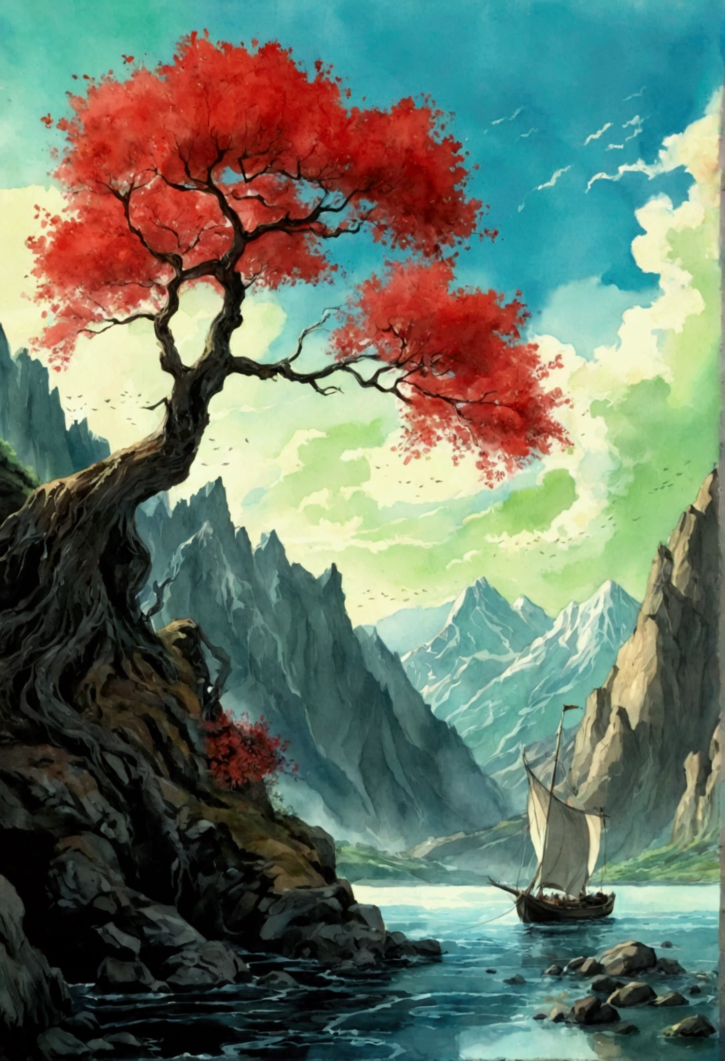 landscape painting，ink and watercolor painting，water ink，ink，Soil，Vision，Ultra-wide viewing angle，meticulous， lord of the rings, Middle Earth，Vision，meticulous，Tree，Soil，Low saturation，Low contrast，The boat has passed thousands of mountains，Beautifully depicted，detailed，Acura，masterpiece，masterpiece
