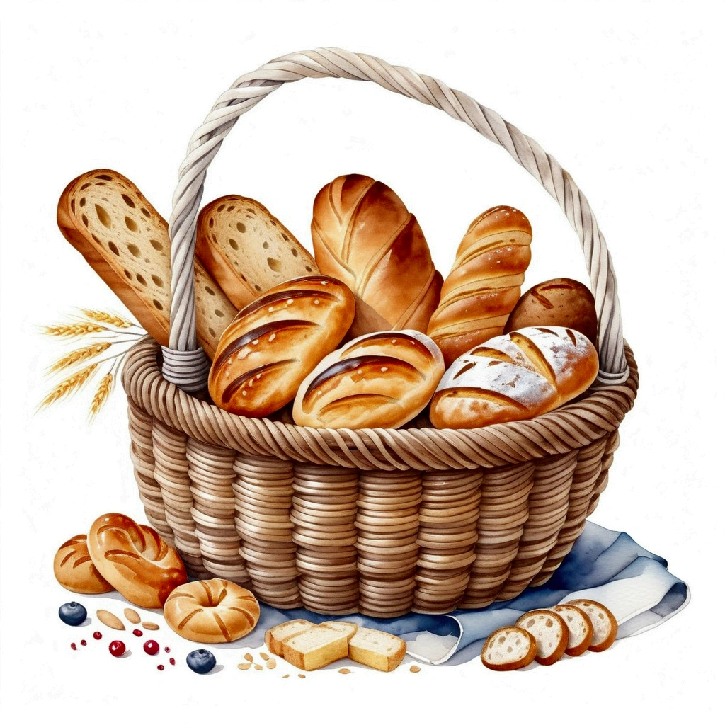 a wooden rattan basket ful of bakery, many type full of bread, cake, illustration, baking ingredients, isolated with solid white background, surrounded with negative space, centered composition, 8k, highest detailed painting, very precise painting, Isolated, clear solid white background, perspective angle of view, cartoon style, ((watercolor:1)), clip art, (lora:add-detail-xl:1), (masterpiece), (best quality), no bread on the floor,