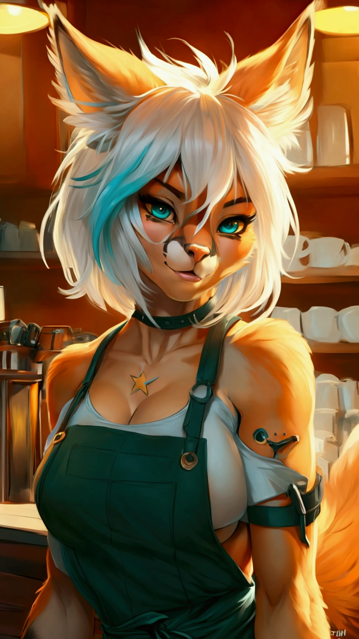 (anthro)) vixen/fox, Ross Tran, by ruan jia, by zaush, by foxovh, by cutesexyrobutts, by cervina_7, by sligarthetiger, Best Quality, masterpiece,, Illustration, Wallpaper,1girl in, Solo, orange fur, white hair, mohawk on one side, ,mohawk haircut, the end tips of hair are aqua blue, dot piercings 3 in 2 row down her snoot, multipule golden ear piercings , golden yellow eyes, glowing eyes, Beautiful detailed girl, extremely detailed eye and face, black dragon tattoo on her arm, tattoos, Beautiful detailed eyes, natural_Lighting, Looking at Viewer, Thick_thighs, big ass, tall, hourglass figure, female, cute, Starbuck, casher, barista, Starbucks apron, large breasts, natural breasts, tail, tall, happy expresion, wide hips thin waist, 8k