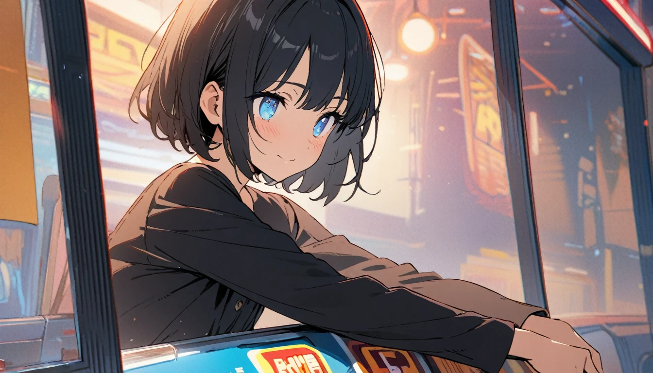 1girl, solo, blue eyes, (detailed eyes), flat chest, short hair, black hair, upper body, gentle smile on her face, , sitting up straight, black dress long sleeve ((masterpiece, illustration, best quality)) girl in a retro arcade