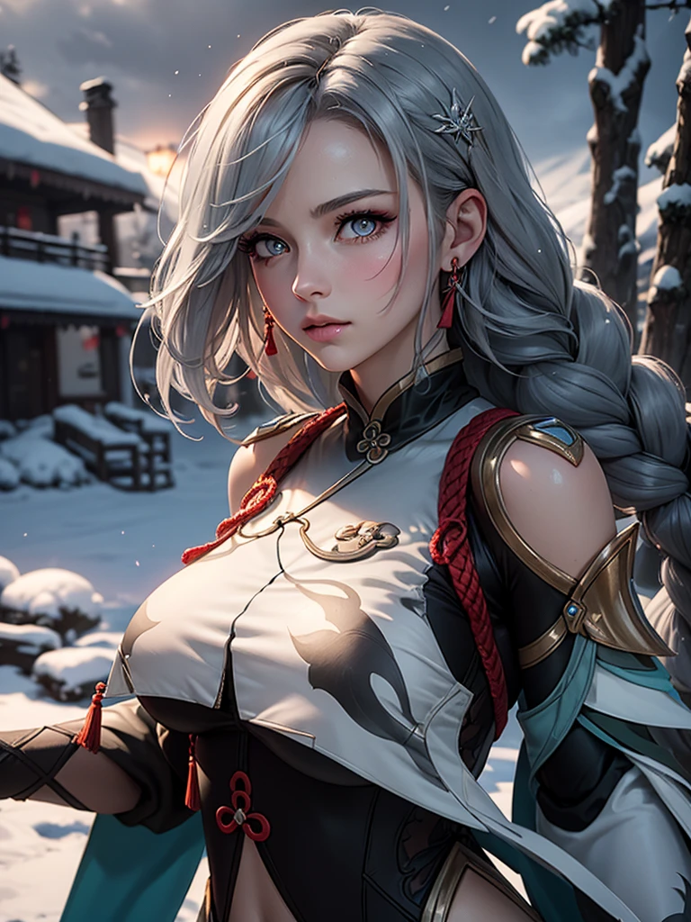 shenhedef, upper body, seductive look, blush, outdoors, snowflake scenery, looking at viewer, cloudy, moody lighting, (perfect detail eyes:1.2), glowing eyes, (long hair one braid:1.2), elemental skill effect, (Masterpiece, Best Quality, High Quality:1.4), professional artwork, Intricate Details, field of view, sharp focus, detailed painting, photorealistic lighting, trending on pixiv, (vivid lighting, vibrant colors:1.05), realistic shadows, ambient occlusion, (athletic body:1.3), mature woman, 30yo,