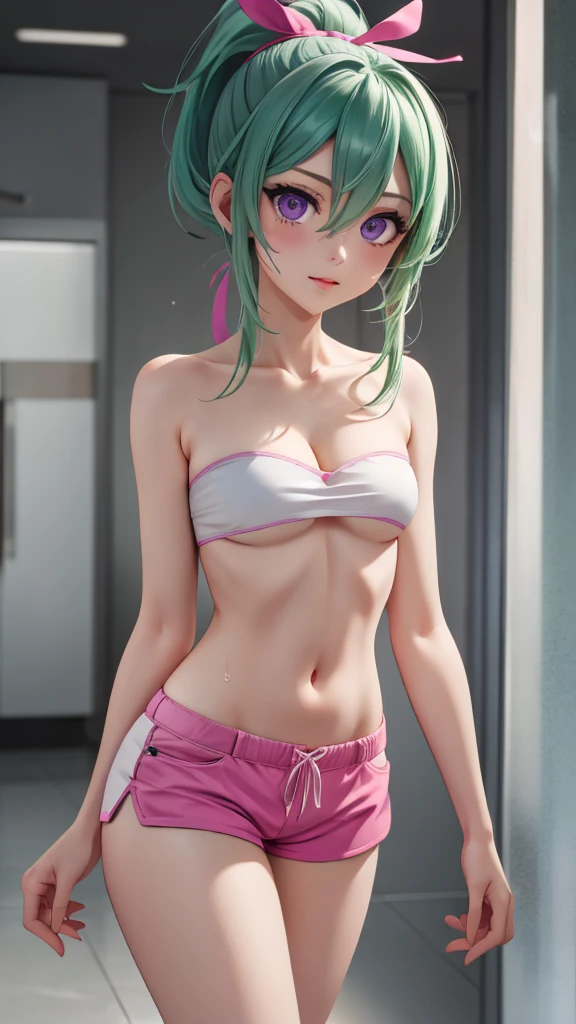 masterpiece, best quality, standing, straight-on,1girl,  beltbra, wide , groin, hip bones,  small , stomach, cleavage, collarbone, solo, purple eyes, green hair, hair between eyes, bangs, sidelocks, ponytail, dolphin shorts, pink shorts, looking at viewer, sweat, thighs