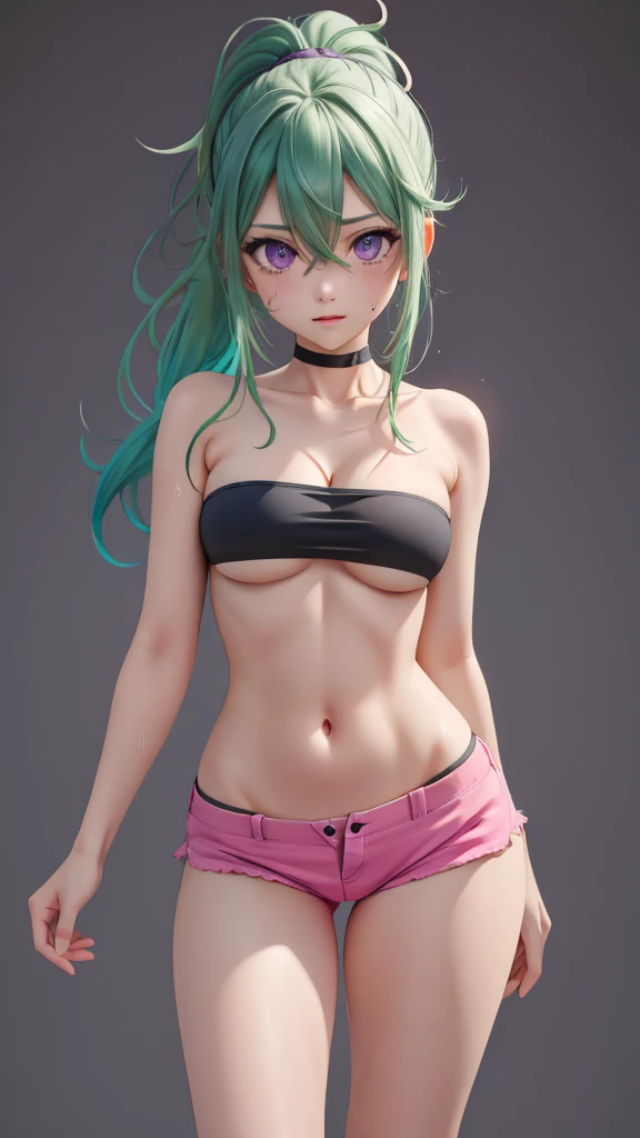 masterpiece, best quality, standing, straight-on,1girl, beltbra, wide hips, groin, hip bones, small breasts, stomach, cleavage, collarbone, solo, purple eyes, green hair, hair between eyes, bangs, sidelocks, ponytail, dolphin shorts, pink shorts, looking at viewer, sweat, thighs