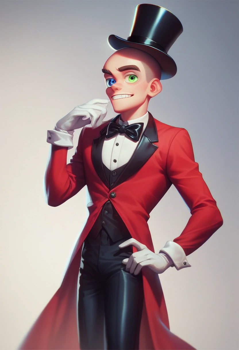 caine, solo, gloves, 1boy, hat, bow, male focus, white gloves, bowtie, top hat, teeth for head, blue eyes, green eyes, heterochromia, gloating eyes, floating head, red suit, black pants, source