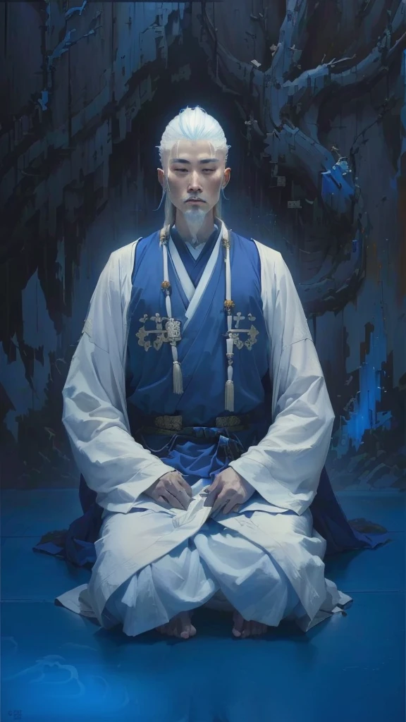 painting of a man in a white robe sitting on a blue surface, daoist, mystical oil on linen, ancient japanese monk, inspired by Kaigetsudō Anchi, inspired by Kaigetsudō Ando, yanjun chengt, portrait of monk, white haired deity, a cyborg meditating, monk meditate, zen méditation cyberpunk