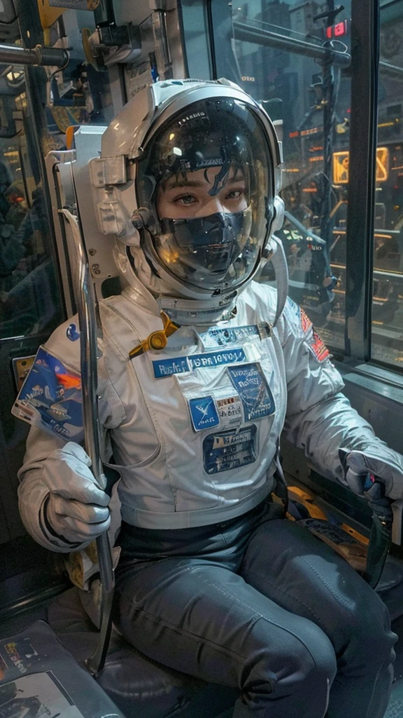 On a subway, A Hyperrealistic, Ultra-detailed, Anatomically Perfect Image of ((Sexy astronaut, with closed helmet.)) The astronaut helmet covers his face. She's sitting in the Subway bored to get to the spaceship. . ((Cyberpunk city at the background)), raytraced, wind, (aesthetics & atmosphere:1.2), beautiful, sexy, half body, (raw photo, best quality), (realistic, photo-realistic:1.3), Masterpiece, ((An extremely detailed astronaut helmet)), Best quality score, close up, high view.