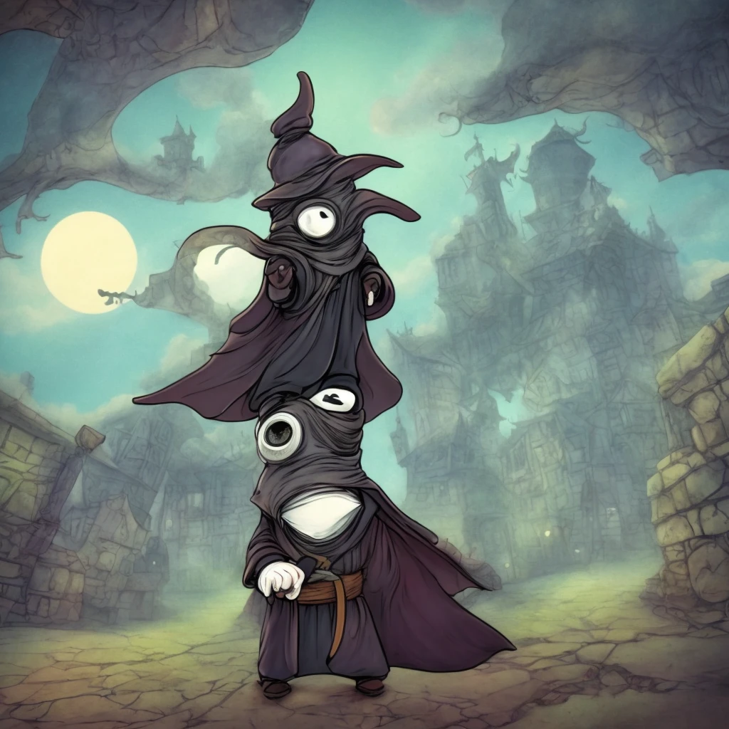 plague doctor, happy face, small sized, cute, looking like cartoon, alone, dark , scary, looking at viewer, 