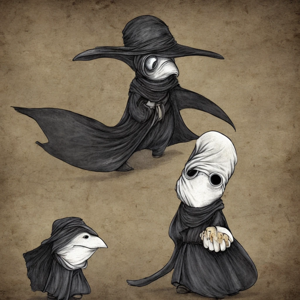 plague doctor, happy face, small sized, cute, looking like cartoon, alone, dark , scary, looking at viewer, 