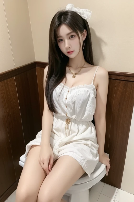 Highest quality、masterpiece、High sensitivity、High resolution、Detailed Description、Slender women、Western-style toilet、Take off your pants、Sit on the toilet、