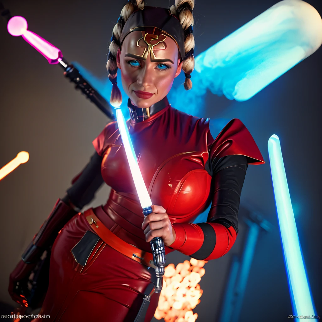 detailed portrait of a female Jedi knight, long orange braids, detailed facial features, piercing blue eyes, determined expression, black bodysuit with armor plating, glowing blue lightsabers, epic battle scene, intense explosion in the background, cinematic lighting, moody color tones, hyper detailed, intricate textures, stunning visual effects, concept art style