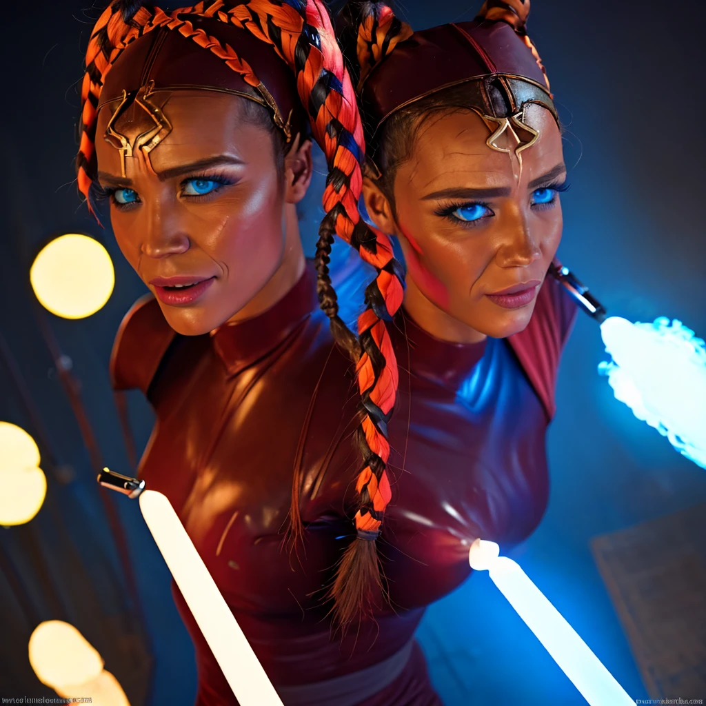 detailed portrait of a female Jedi knight, long orange braids, detailed facial features, piercing blue eyes, determined expression, black bodysuit with armor plating, glowing blue lightsabers, epic battle scene, intense explosion in the background, cinematic lighting, moody color tones, hyper detailed, intricate textures, stunning visual effects, concept art style