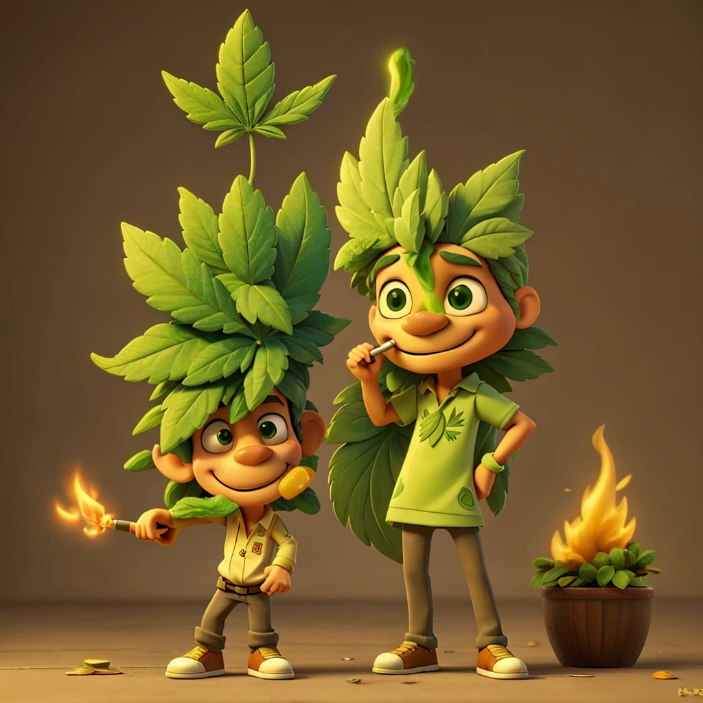 An image of a marijuana leaf as a character in a funny cartoon. The character is made of marijuana. The character is smoking a joint that is made of gold.