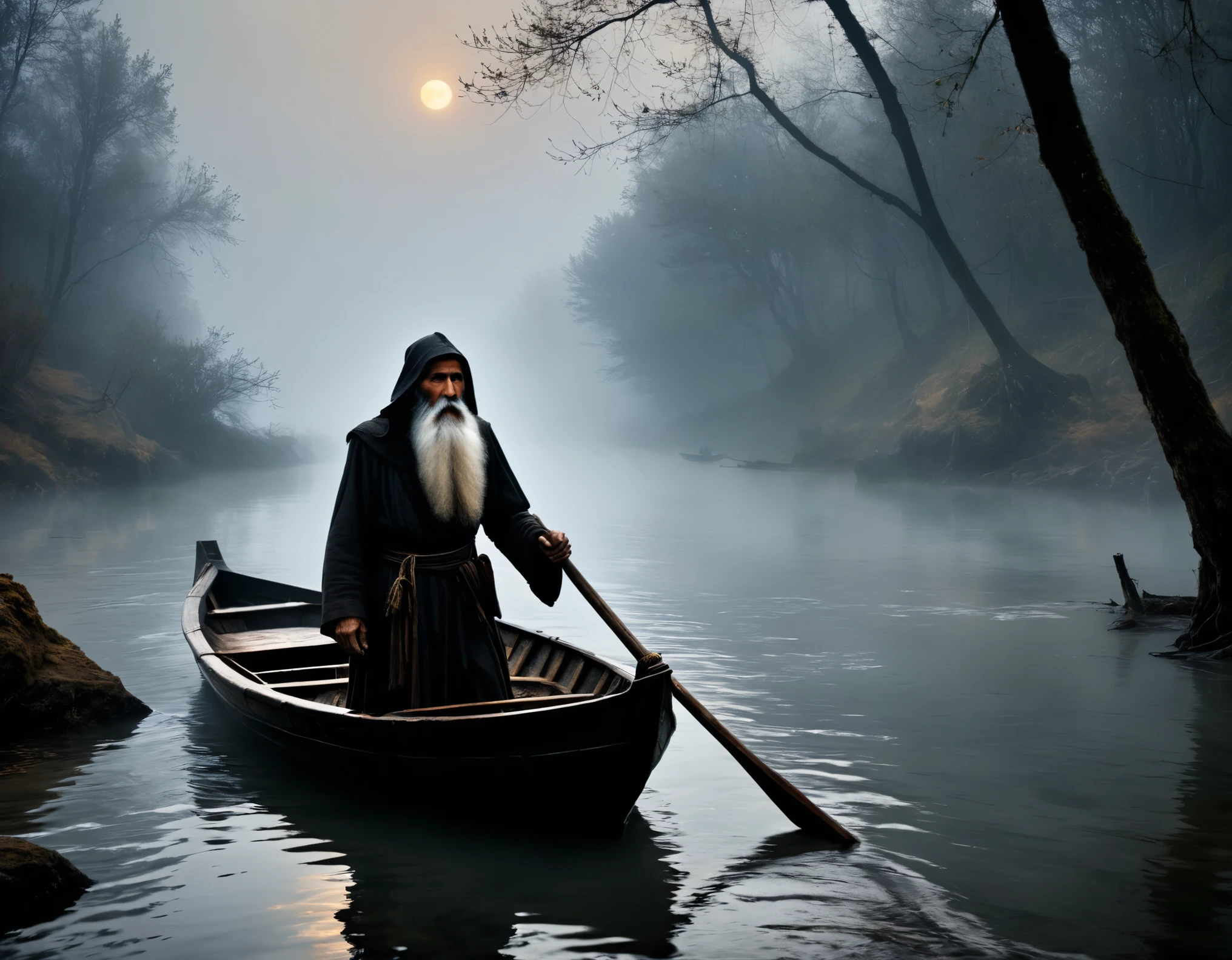 (((super realistic, lots of details, masterpiece))), In the image, created in a neural network, (((Charon, old withered boatman with a long beard, standing in his boat, which seems ancient and worn. His eyes express wisdom and sadness, and your hands confidently hold the oars))). A man with an exposed hummock is sitting in a boat, Shrouded in mystery. The environment depicts the dark and mysterious world of the kingdom of the dead. River, on which the boat floats, flows slowly and silently, as if driven by fate itself. A foggy morning creates an atmosphere of mystery and sadness. The shore is visible in the distance, covered with gloomy trees and rocks, symbolizing the gates of the kingdom of the dead. The river water reflects the pale luminary, giving the picture a certain supernatural tone. Silence and tranquility reign in this world, filled with secrets and riddles.