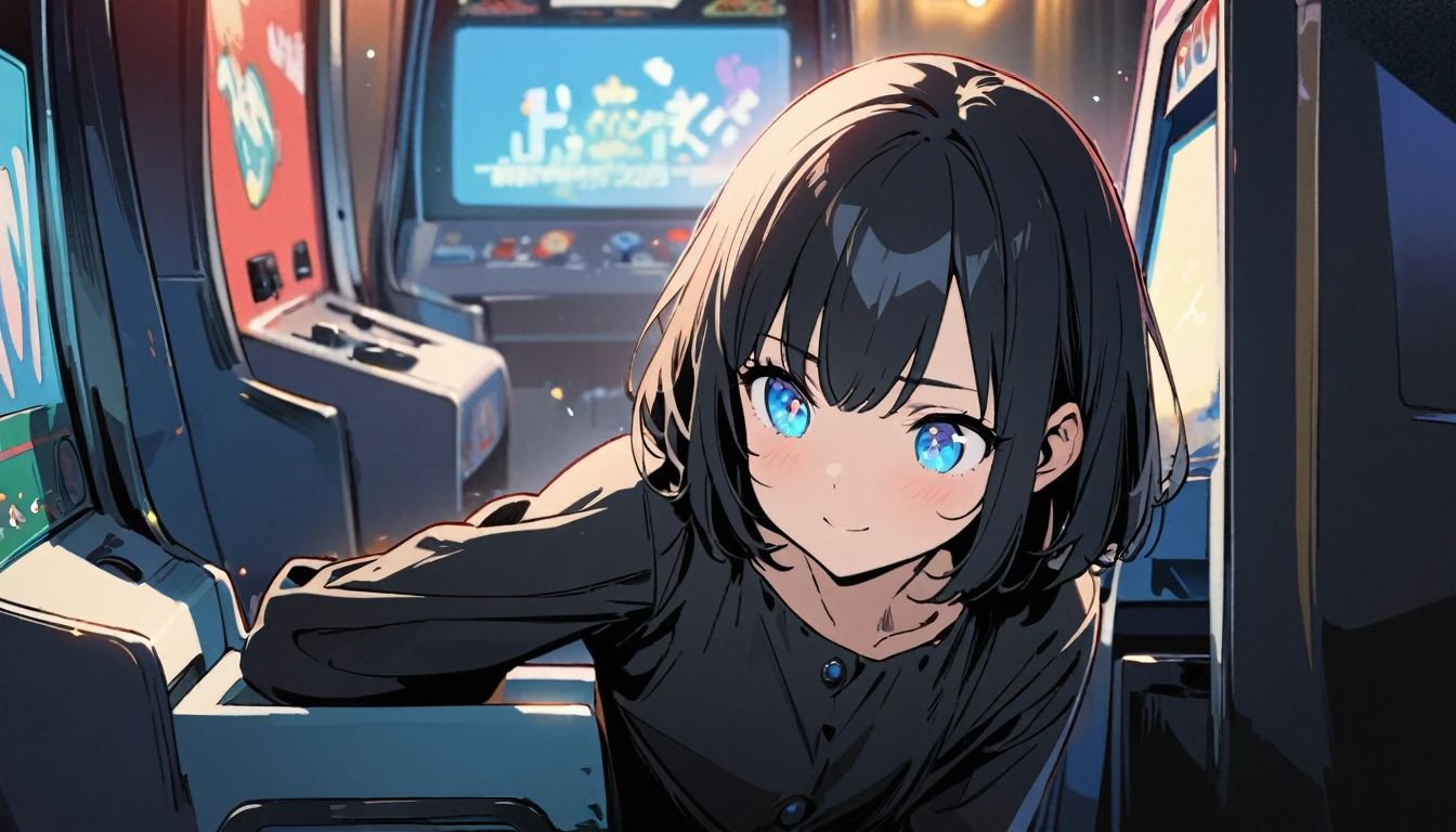 1girl, solo, blue eyes, (detailed eyes), flat chest, short hair, black hair, upper body, gentle smile on her face, , sitting up straight, black dress long sleeve ((masterpiece, illustration, best quality)) girl in a retro arcade