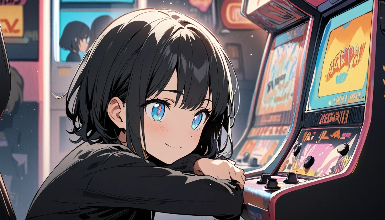 1girl, solo, blue eyes, (detailed eyes), flat chest, short hair, black hair, upper body, gentle smile on her face, , sitting up straight, black dress long sleeve ((masterpiece, illustration, best quality)) girl in a retro arcade