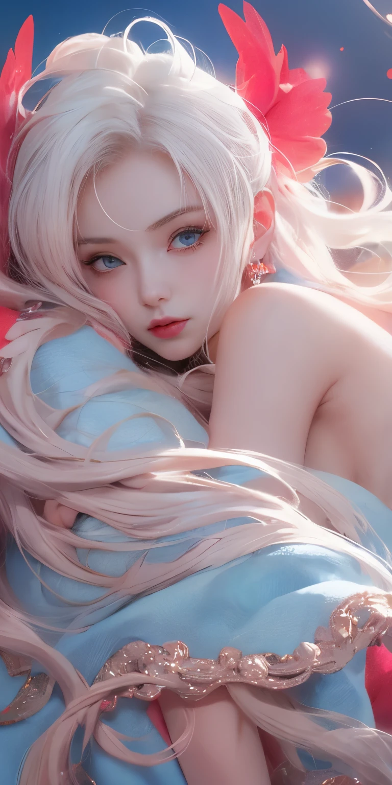 Light blue and red color scheme， nipple，little body，，White curly hair, high detail, best quality, supper detail, detail eyes, 5/6 body, pink pussy, sleeping