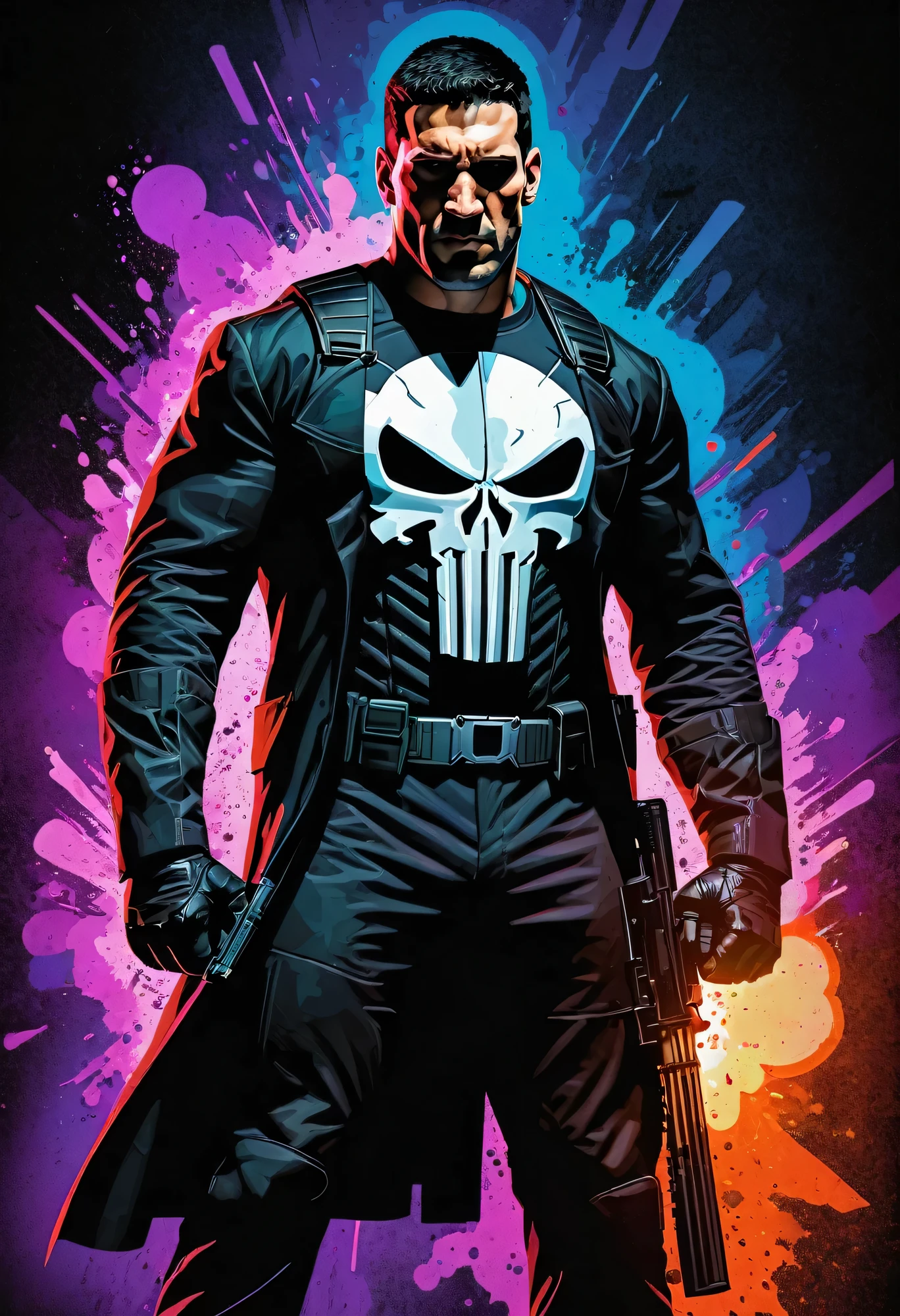 A brooding vigilante, embodying elements of Pop Art, and Cubism styles, exudes a grunge undertone in a movie poster aesthetic. Vibrant tetradic colors pop against a black light spot, creating a high-octane energy. This captivating image captures the Punisher in a dynamic and edgy manner, blending different art styles seamlessly. The details in the artwork are exquisite, showcasing the character's intense nature and complexity. The high quality of the image is undeniable, drawing viewers into the intense world of the Punisher. Sinister atmosphere. Full body.