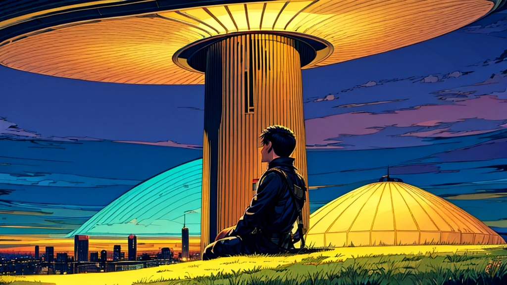 Guts sitting alone, resting under a tree in a high-altitude field, looking at the view of the futuristic city at night.