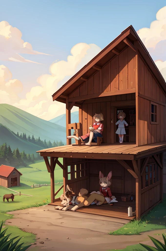 Couple of lop-eared dogs, boy and girl,                         Red collar,Rural landscape,doghouse,Hands on the floor