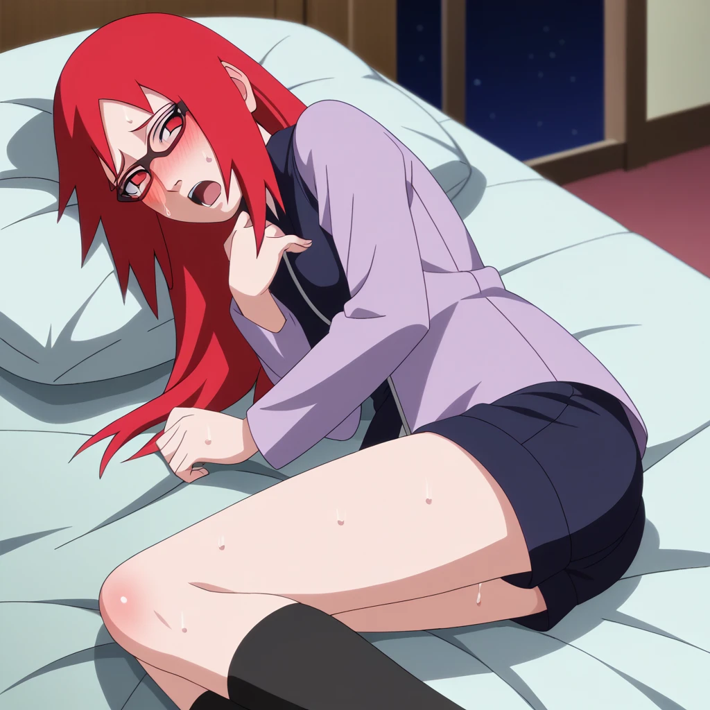 Red hair, 1 Girl, Glasses, Long hair, Red Eyes, Solitary, Black vest,shorts, Black over-the-knee stockings, Umbilical cord, Looking at the audience,No students, Japanese cartoons screencap, Japanese cartoons coloring,src_Japanese cartoons,Naruto \(series\), Naruto shippuuden,hospital,((blush,nervous,Vision,))masterpiece, absurd , (Intricate details), (Colorful), light, Extremely detailed CG unity 8k wallpaper ,1 Girl, solo,(shy,In the hotel,Lying on the bed,night,blush,nervous,Sweating,蕾丝dress, ),sweat,blush,blush1.5,Blush,Medium chest,((dress,Black stockings,luxurious hotel,night,)),(dress,Uncomfortable expression,Mouth open,spit),((bookshelf,Kneel down,))
