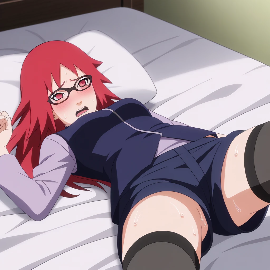 Red hair, 1 Girl, Glasses, Long hair, Red Eyes, Solitary, Black vest,shorts, Black over-the-knee stockings, Umbilical cord, Looking at the audience,No students, Japanese cartoons screencap, Japanese cartoons coloring,src_Japanese cartoons,Naruto \(series\), Naruto shippuuden,hospital,((blush,nervous,Vision,))masterpiece, absurd , (Intricate details), (Colorful), light, Extremely detailed CG unity 8k wallpaper ,1 Girl, solo,(shy,In the hotel,Lying on the bed,night,blush,nervous,Sweating,蕾丝dress, ),sweat,blush,blush1.5,Blush,Medium chest,((dress,Black stockings,luxurious hotel,night,)),(dress,Uncomfortable expression,Mouth open,spit),((bookshelf,Kneel down,))