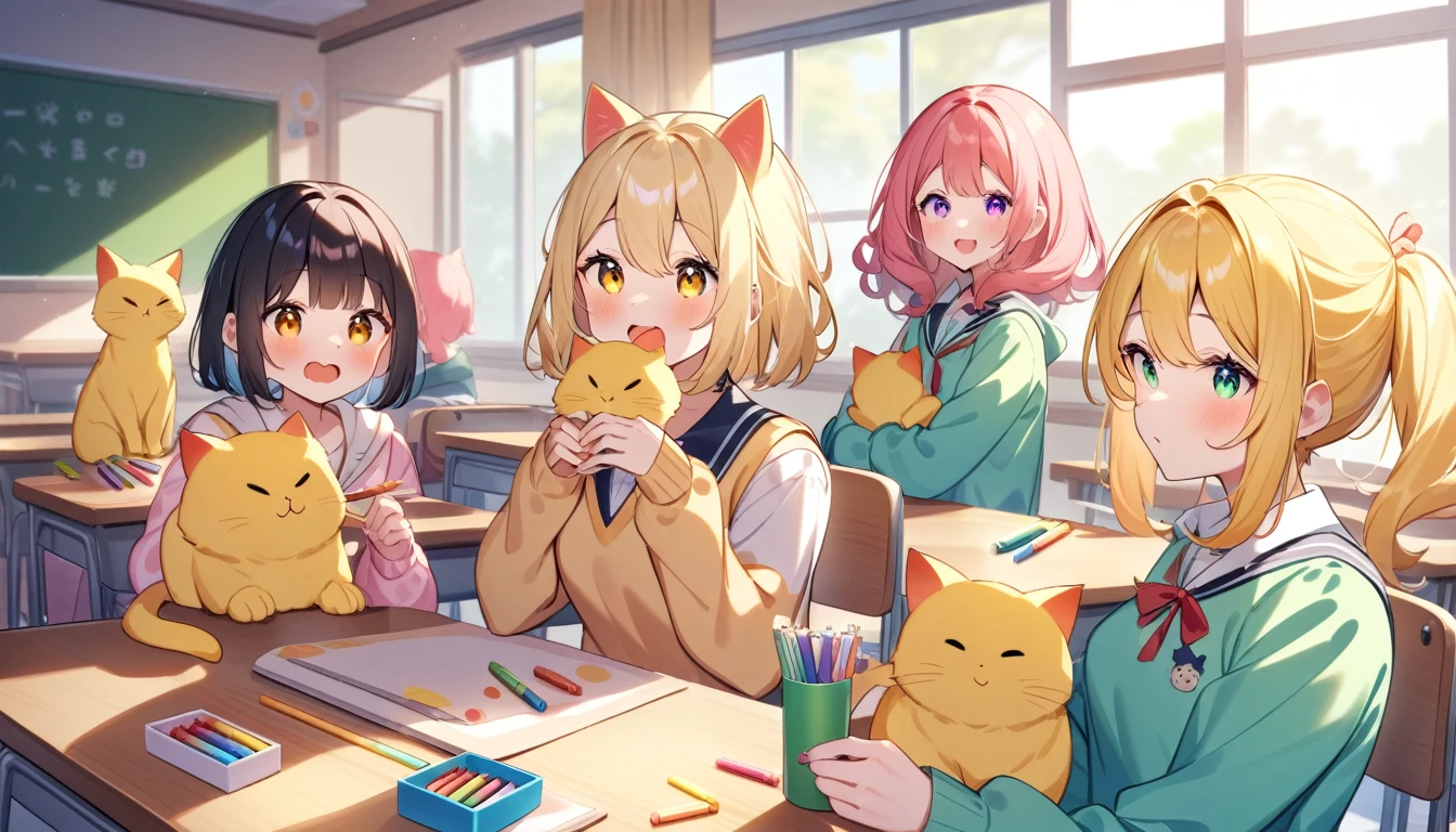 Little yellow cat,personification,high quality,Classroom Fun: I enjoy my cozy classroom with bright, sunny windows where my friends and I sit together. We share colorful crayons and yummy snacks during our breaks.