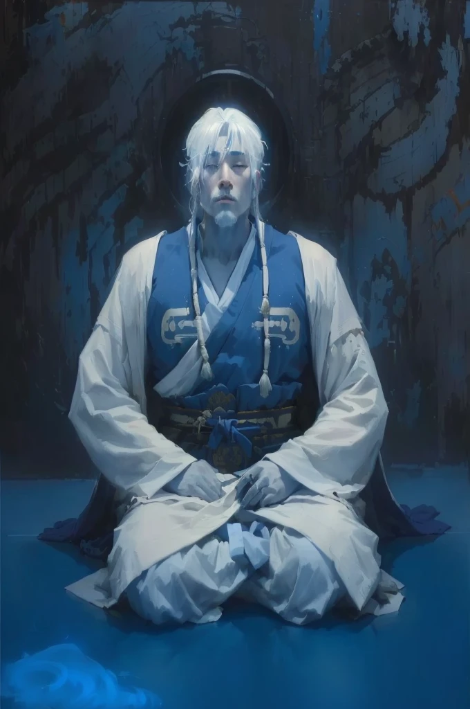 painting of a man in a white robe sitting on a blue surface, daoist, mystical oil on linen, ancient japanese monk, inspired by Kaigetsudō Anchi, inspired by Kaigetsudō Ando, yanjun chengt, portrait of monk, white haired deity, a cyborg meditating, monk meditate, zen méditation cyberpunk
