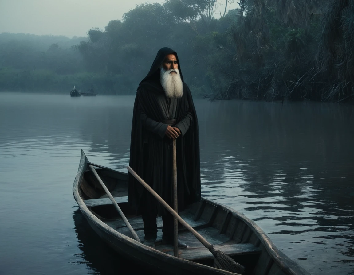 (((super realistic, lots of details, masterpiece))), In the image, created in a neural network, (((Charon, old withered boatman with a long beard, standing in his boat, which seems ancient and worn. His eyes express wisdom and sadness, and your hands confidently hold the oars))). A man with an exposed hummock is sitting in a boat, Shrouded in mystery. The environment depicts the dark and mysterious world of the kingdom of the dead. River, on which the boat floats, flows slowly and silently, as if driven by fate itself. A foggy morning creates an atmosphere of mystery and sadness. The shore is visible in the distance, covered with gloomy trees and rocks, symbolizing the gates of the kingdom of the dead. The river water reflects the pale luminary, giving the picture a certain supernatural tone. Silence and tranquility reign in this world, filled with secrets and riddles.