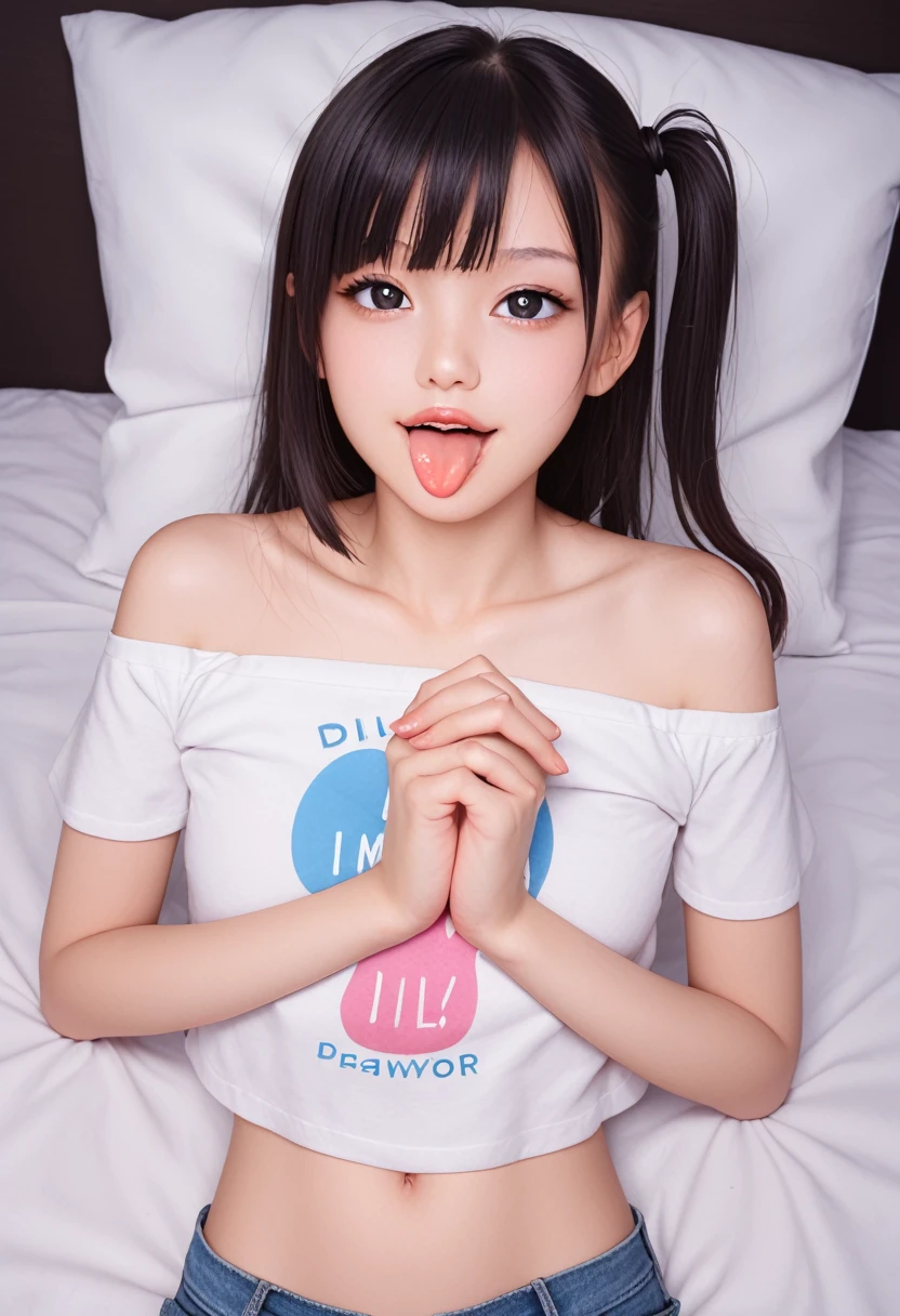 ollarbone,pastel colors t-shirt,off-shoulder look,bare shoulder,midriff peek,micro shorts,open mouth,(tongue out:2),lying,front view,upper body,Embarrassed,(1girl,Beautiful 14 year old girl),((Slender,Small breasts,Small face,)),(looking at viewer),Black Hair,bangs,one side up,Beautiful and detailed,(Dimly lit room:1.5),Simple Background,White bed,pillow,best quality,Brilliant Quality
