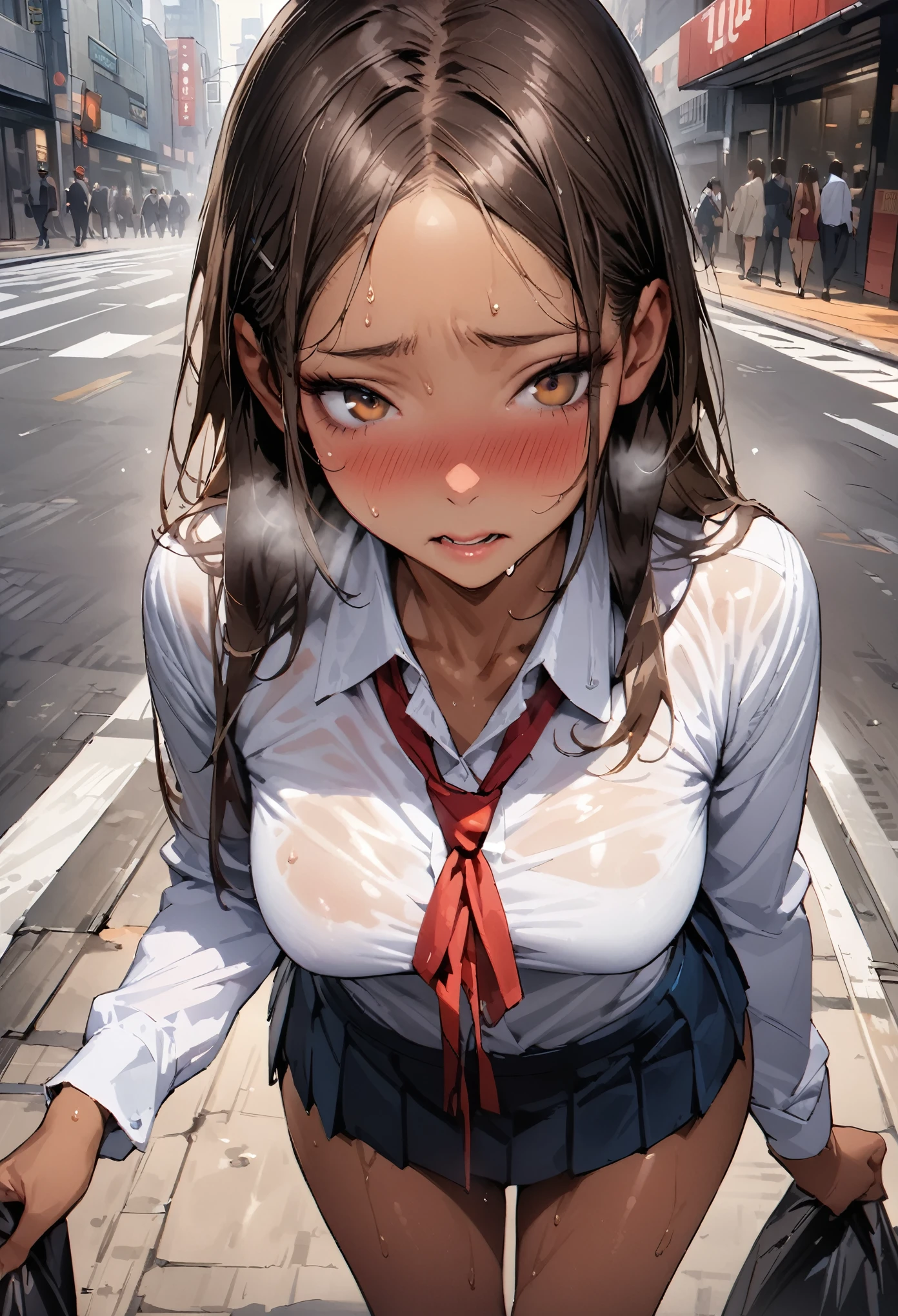 (​masterpiece、top-quality:1.2), cowboy  shot, ((gargantilha、lead、Dog walking))独奏, 1girl in, nagatoro、Crying in frustration、embarrassed from、public、Look at viewers、校服, ((opened breast、are visible))、Best Quality, masutepiece, Portrait、sweating heavily、In the street、((Stick your butt out on all fours,The body is facing forward))、((srestrained、BDSM、Tied with a noose behind your back))opened breast, agony、((Tears flow, Glaring at me in frustration)), contempt, muscle, tits out,lotion, 独奏、Lusting、hard breathing、Sex Expressions、(((a large amount of cloudy liquid drips from the genitals、There is a vibrator on the genitals)))