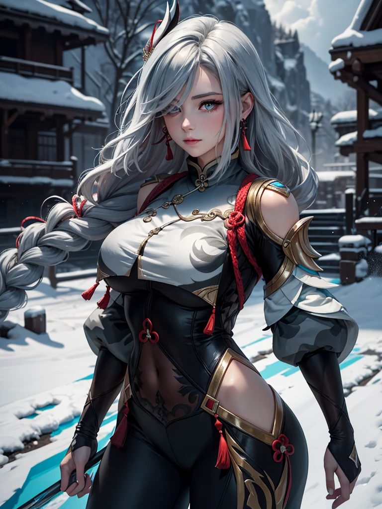 shenhedef, upper body, seductive look, blush, outdoors, snowflake scenery, looking at viewer, cloudy, moody lighting, (perfect detail eyes:1.2), glowing eyes, (long hair one braid:1.2), elemental skill effect, (Masterpiece, Best Quality, High Quality:1.4), professional artwork, Intricate Details, field of view, sharp focus, detailed painting, photorealistic lighting, trending on pixiv, (vivid lighting, vibrant colors:1.05), realistic shadows, ambient occlusion, (athletic body:1.3), mature woman, 30yo, colors RGB
