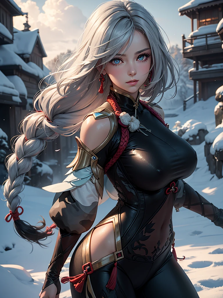 shenhedef, upper body, seductive look, blush, outdoors, snowflake scenery, looking at viewer, cloudy, moody lighting, (perfect detail eyes:1.2), glowing eyes, (long hair one braid:1.2), elemental skill effect, (Masterpiece, Best Quality, High Quality:1.4), professional artwork, Intricate Details, field of view, sharp focus, detailed painting, photorealistic lighting, trending on pixiv, (vivid lighting, vibrant colors:1.05), realistic shadows, ambient occlusion, (athletic body:1.3), mature woman, 30yo, colors RGB 
