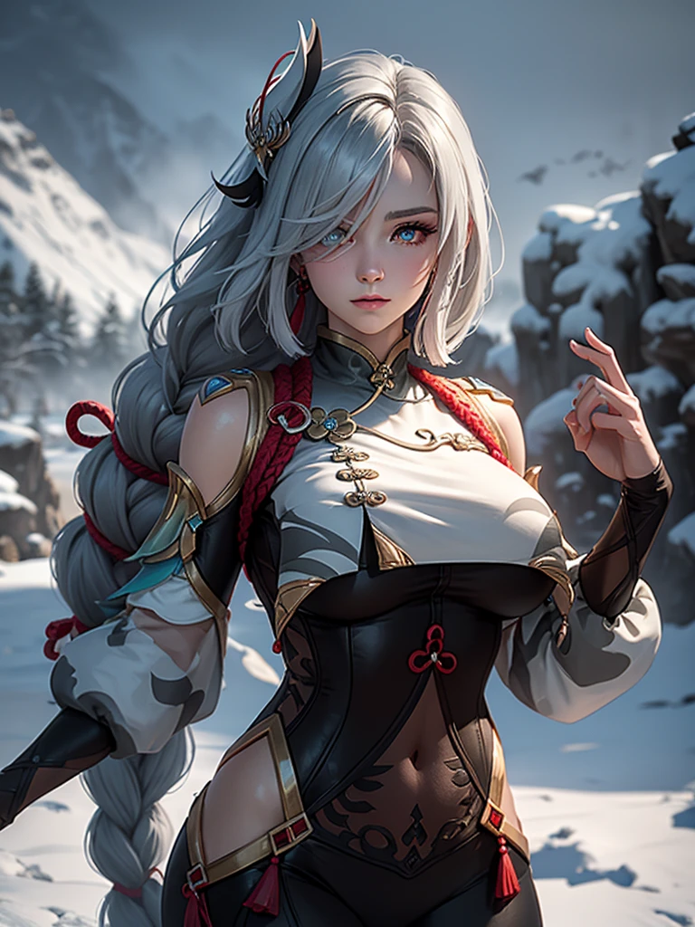 shenhedef, upper body, seductive look, blush, outdoors, snowflake scenery, looking at viewer, cloudy, moody lighting, (perfect detail eyes:1.2), glowing eyes, (long hair one braid:1.2), elemental skill effect, (Masterpiece, Best Quality, High Quality:1.4), professional artwork, Intricate Details, field of view, sharp focus, detailed painting, photorealistic lighting, trending on pixiv, (vivid lighting, vibrant colors:1.05), realistic shadows, ambient occlusion, (athletic body:1.3), mature woman, 30yo, colors RGB